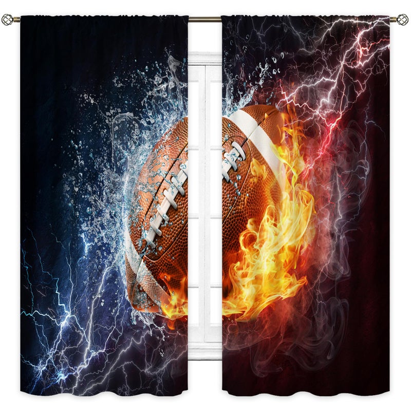 Cinbloo Sports Curtains for Boys Bedroom 42Wx63L Inch Rod Pocket Men American Football Wall Decor Flame 3D Football for Teens Kids Cool Modern Living Room Gym Window Drape Fabric 2 Panel - Image 1